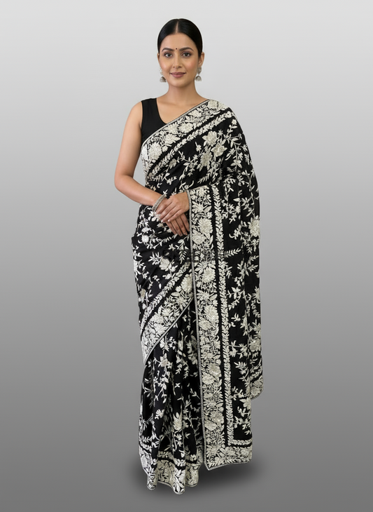 Black Ivory Floral Parsi Gara Hand Embroidered Saree (Pure Georgette)