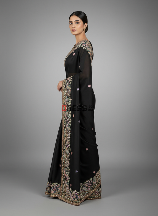 Black Multicolour Parsi Gara Saree- Pure Crepe Silk