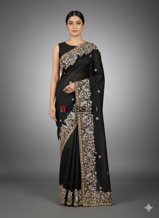 Black Multicolour Parsi Gara Saree- Pure Crepe Silk