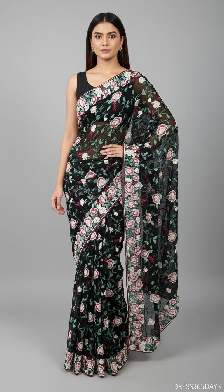 Black Parsi Gara Saree with Floral Embroidery