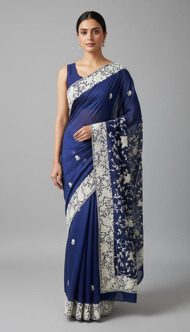 Gift this blue Parsi gara saree