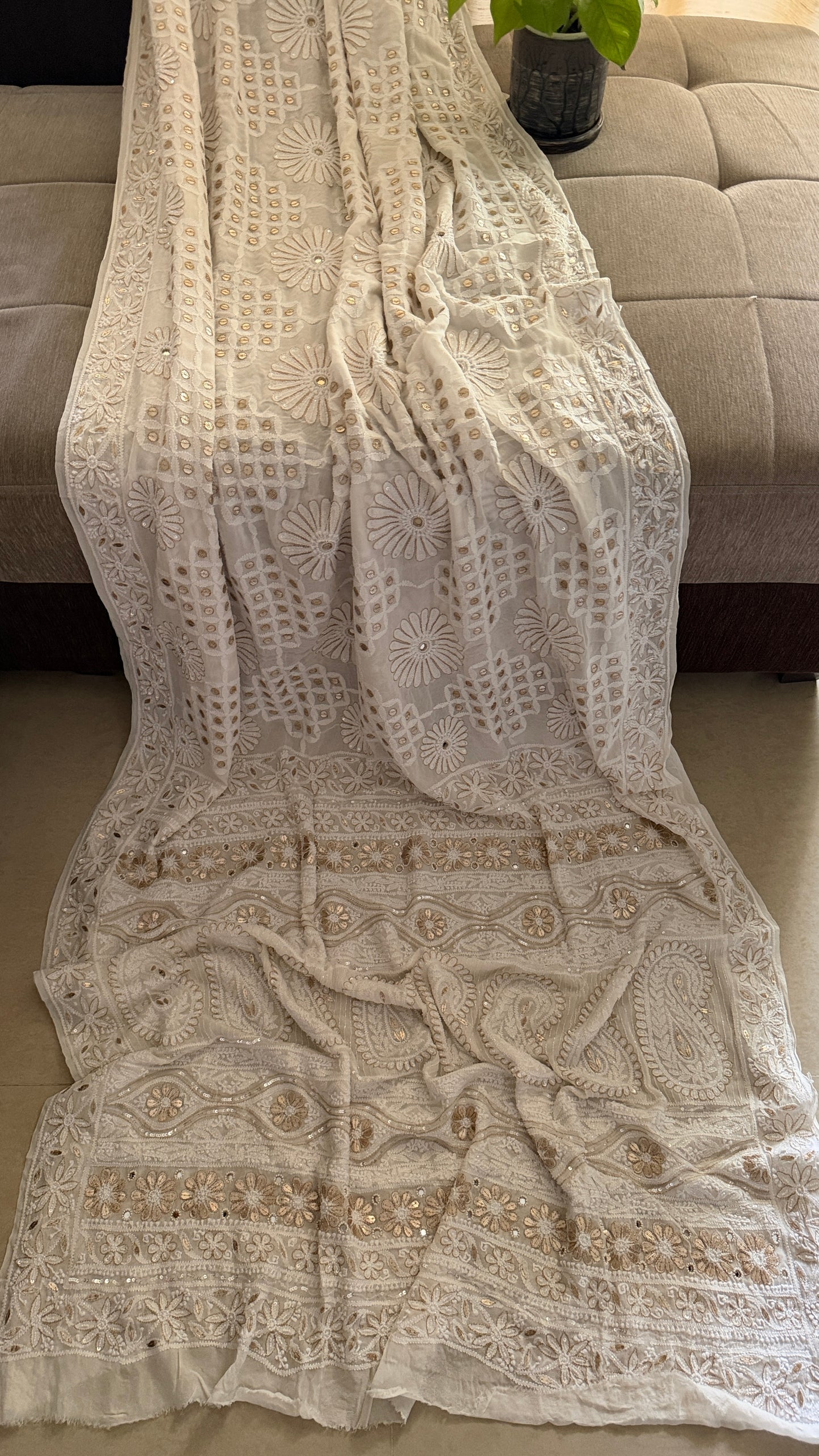 Ivory White Pearl Gota Patti Chikankari Saree