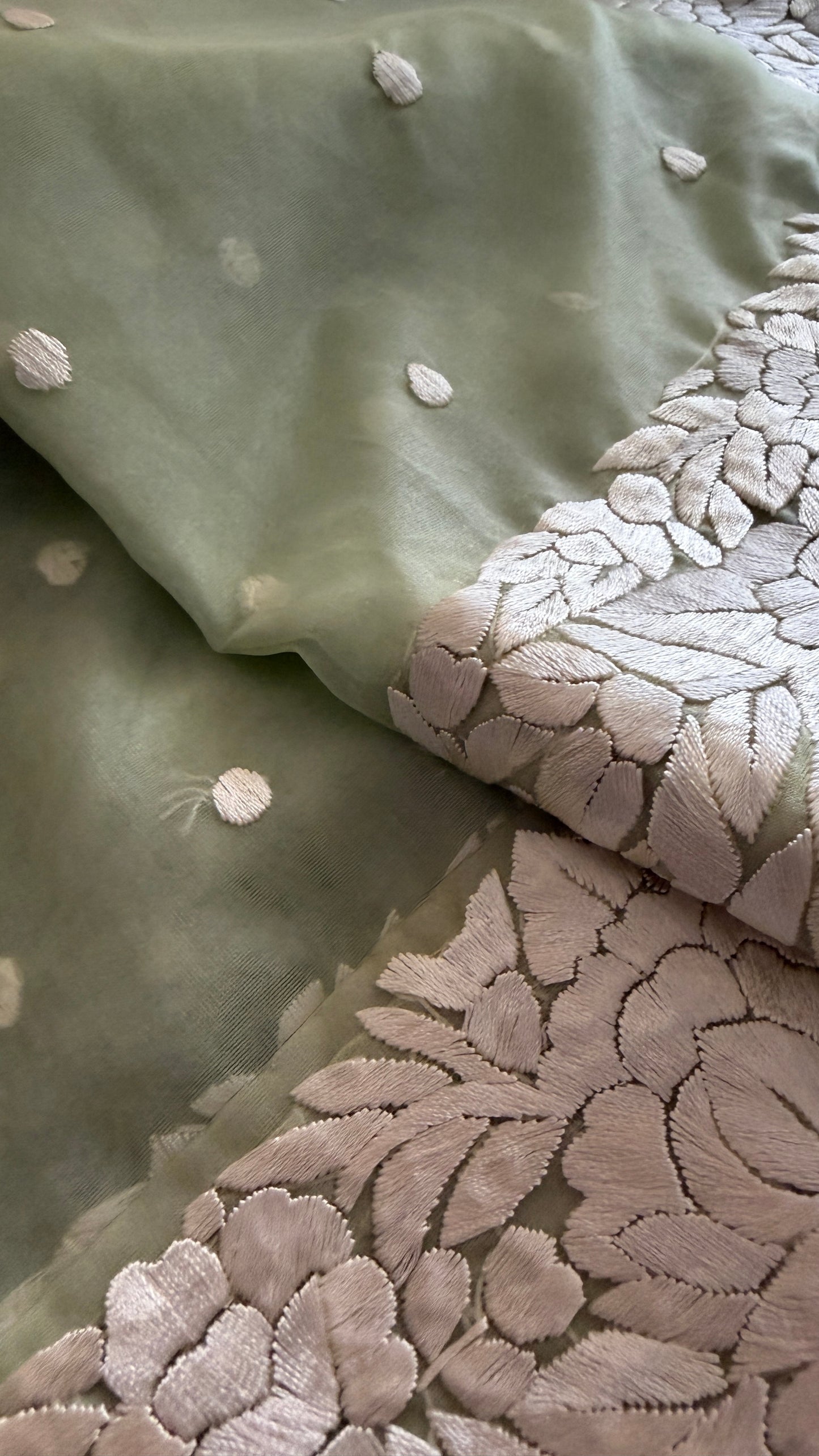 Exclusive Sage Green Organza Parsi Gara Dupatta