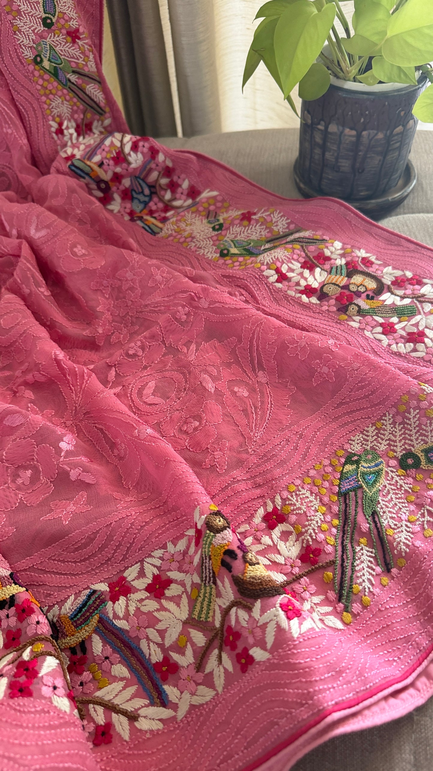 Designer Pink Hand Embroidered Parsi Gara Dupatta