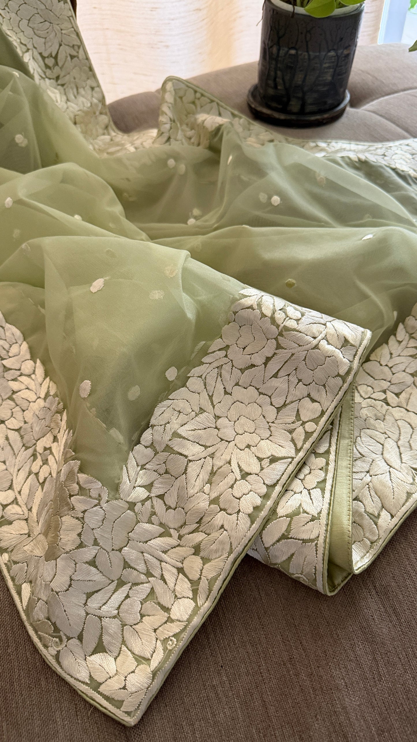 Exclusive Sage Green Organza Parsi Gara Dupatta