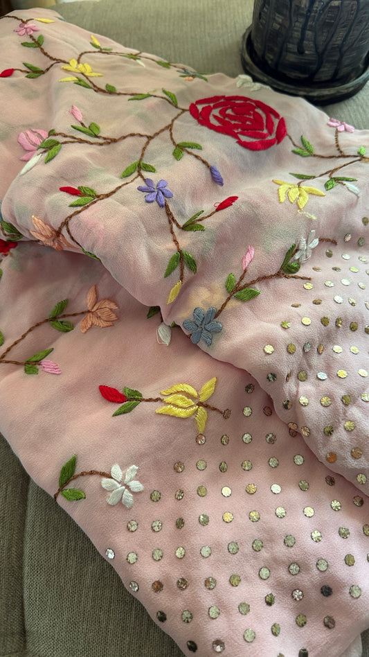 Floral Parsi Gara Embroidered Mukaish Saree
