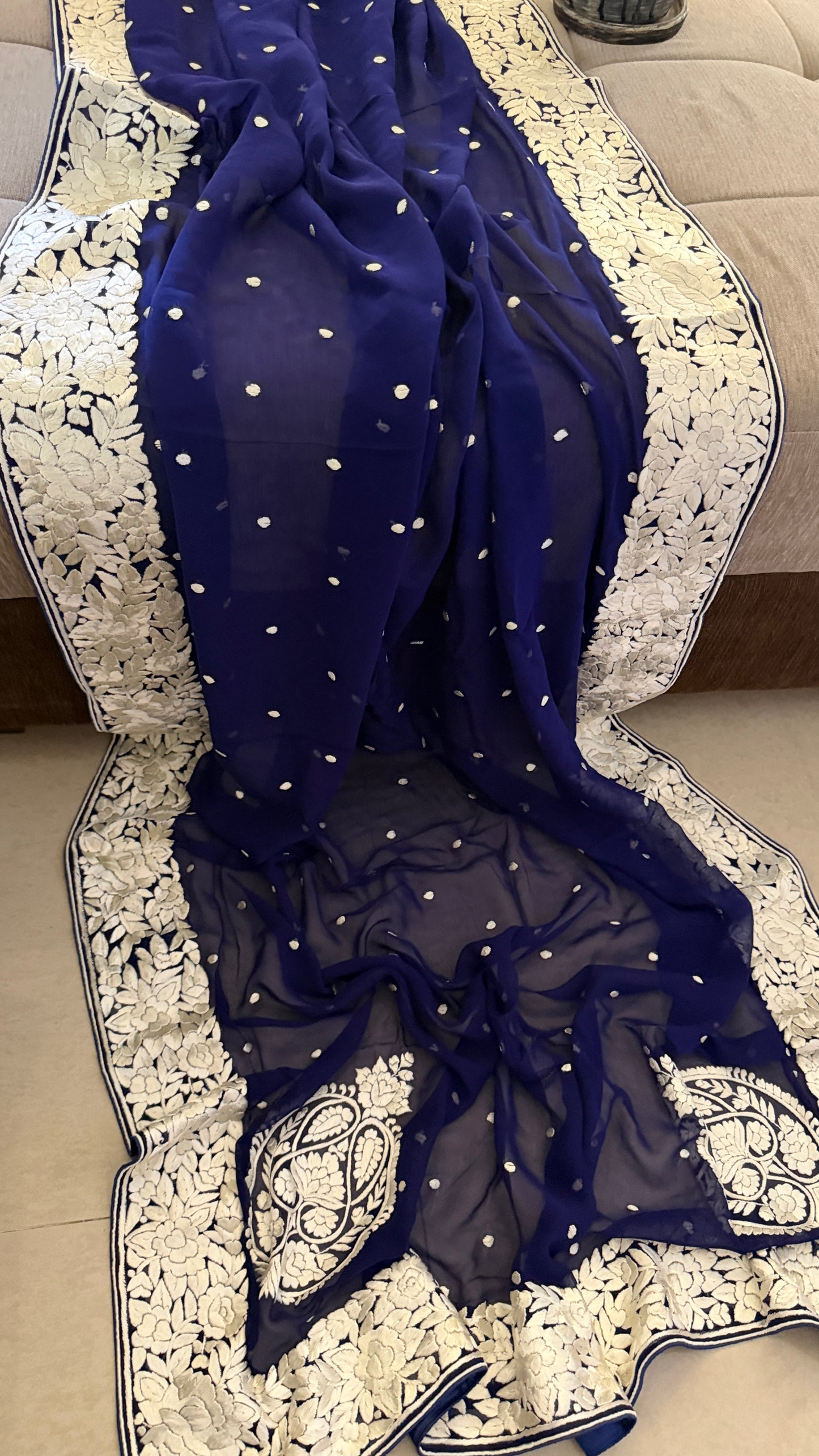 Heirloom Navy Ivory Pure Georgette Parsi Gara Dupatta