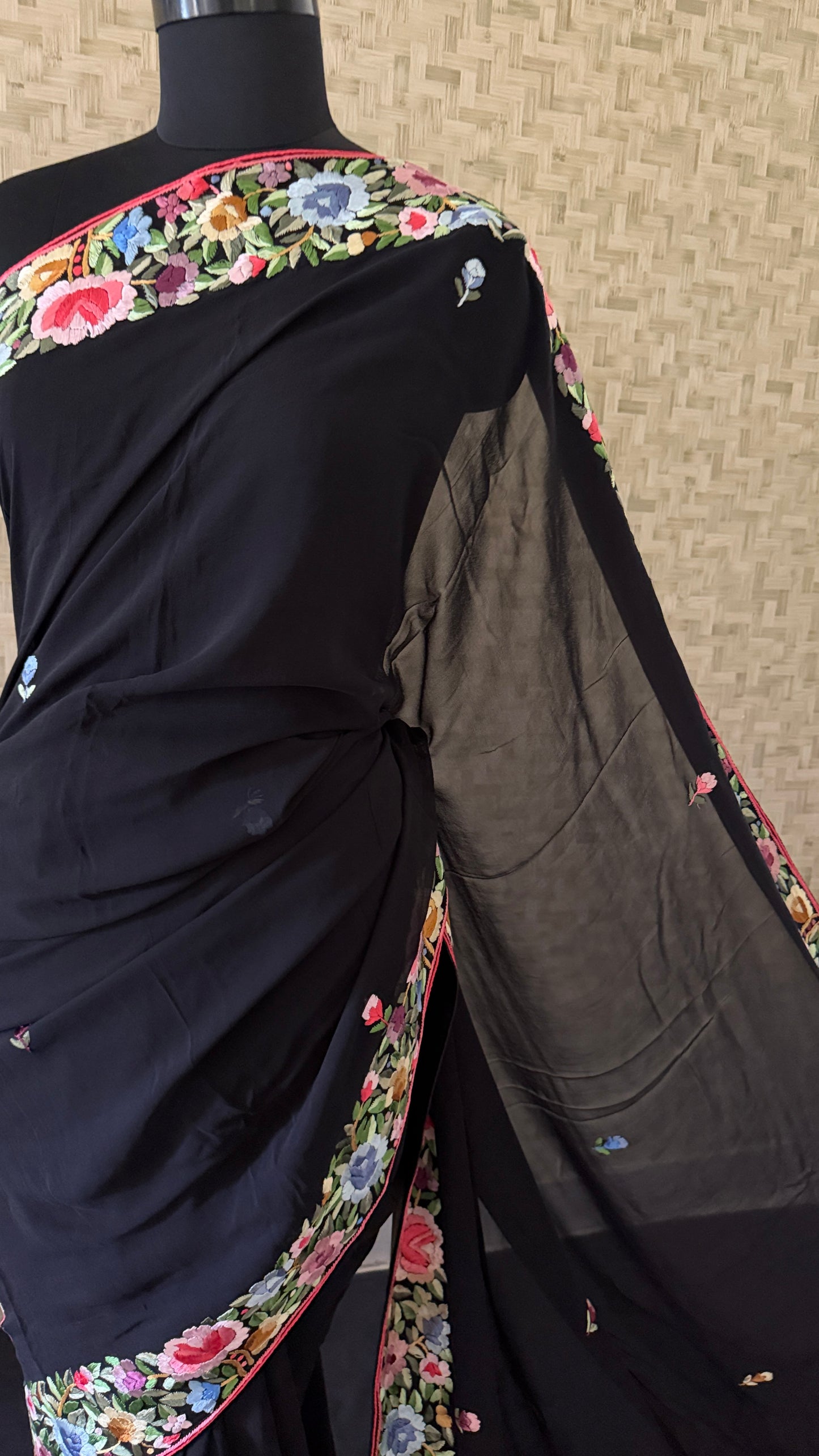 Black Parsi Gara Pure Georgette Saree