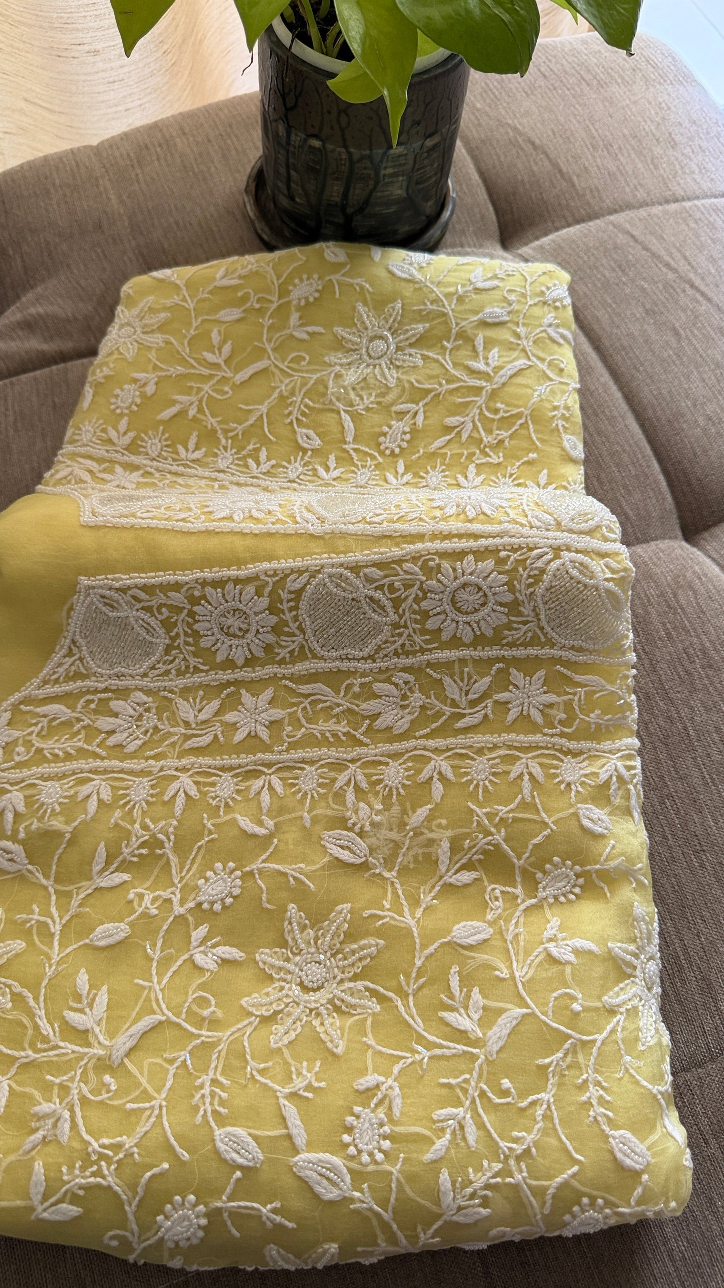 Designer Yellow Organza Cut Dana Pearl Chikankari Suit