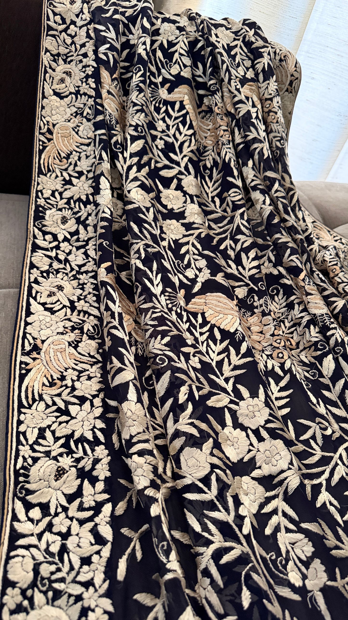 Elegant Navy Hand Embroidered Parsi Gara Dupatta