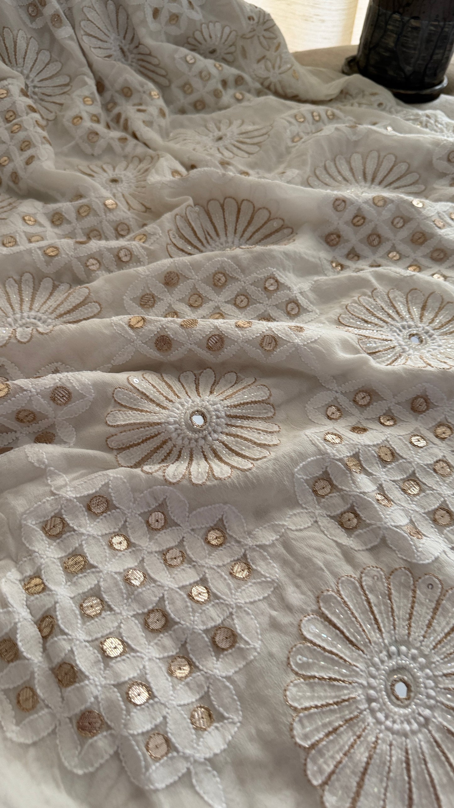 Ivory White Pearl Gota Patti Chikankari Saree