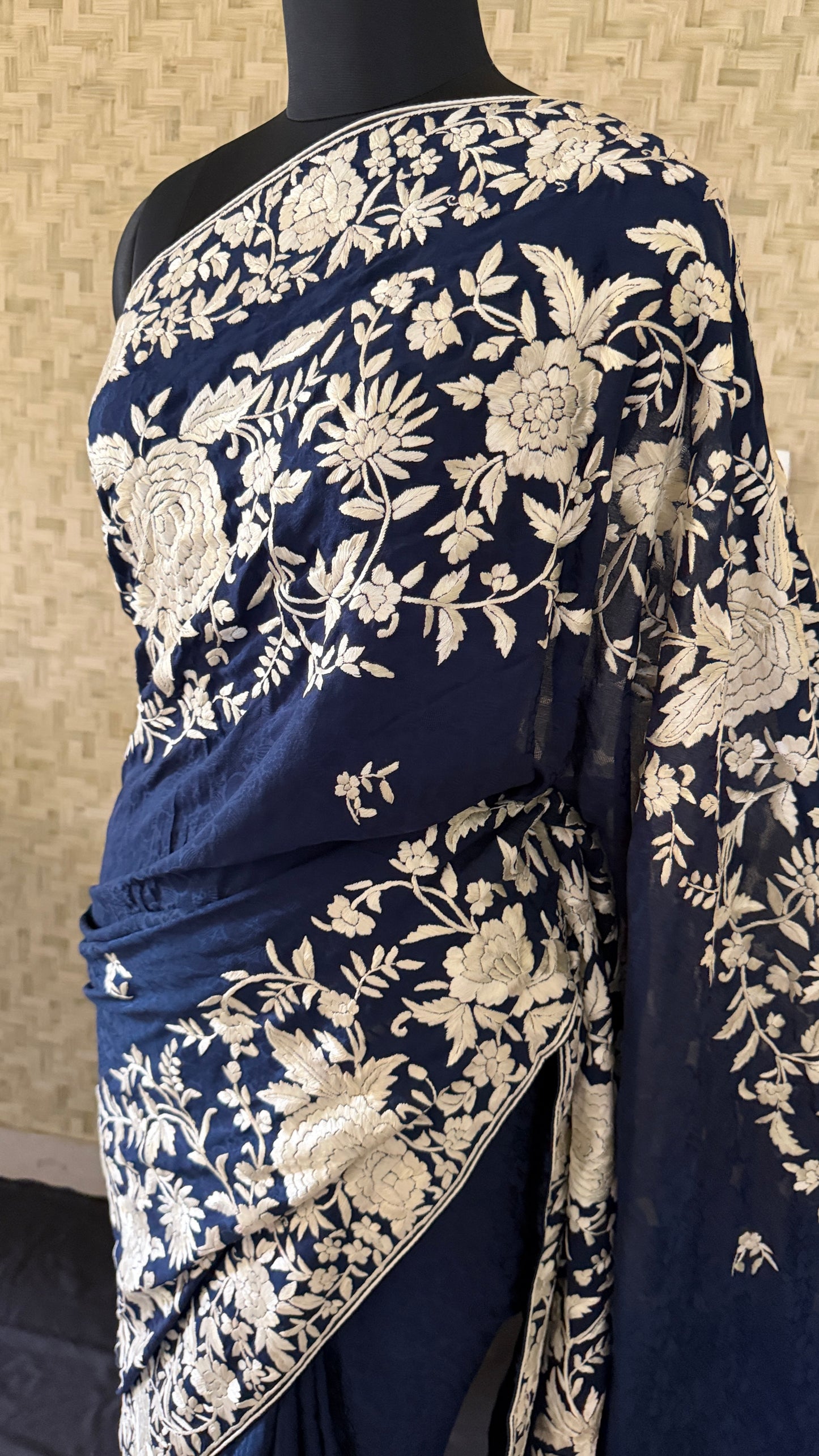 Designer Parsi Gara Saree - Self Design Pure Crepe