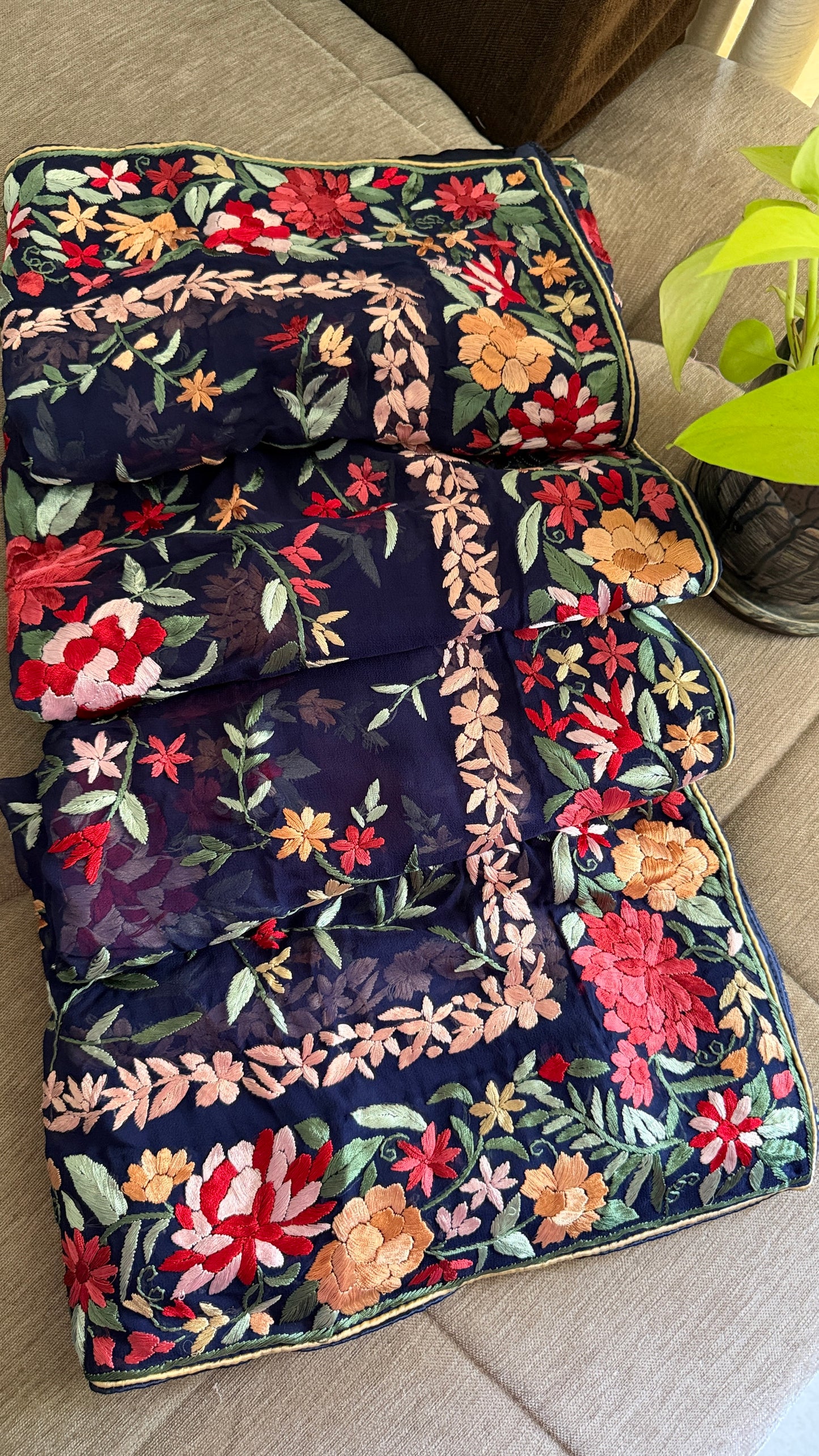 Heirloom Navy Floral Parsi Gara Dupatta