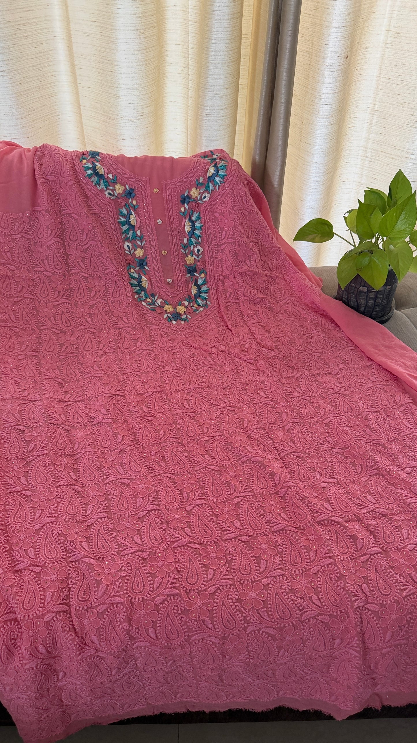 Chikankari Parsi Gara Neckline Kurta Dupatta Set