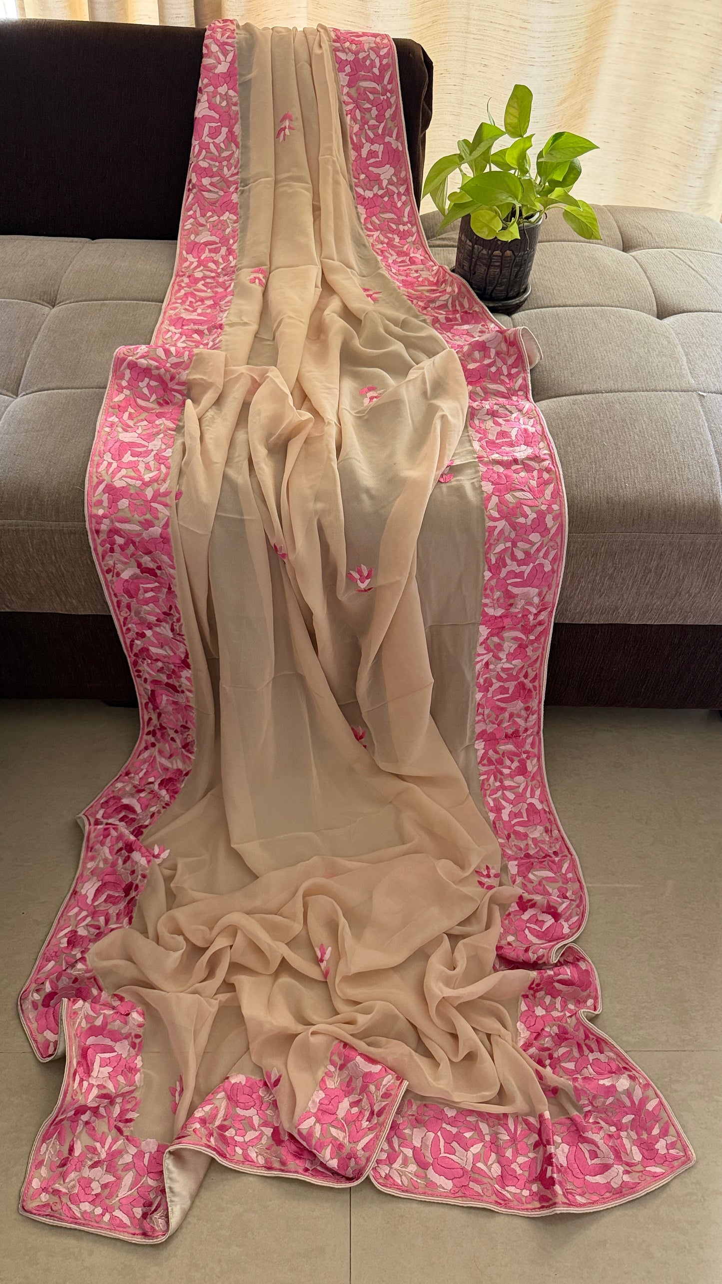 Designer Beige Parsi Gara Suit (Three Piece)