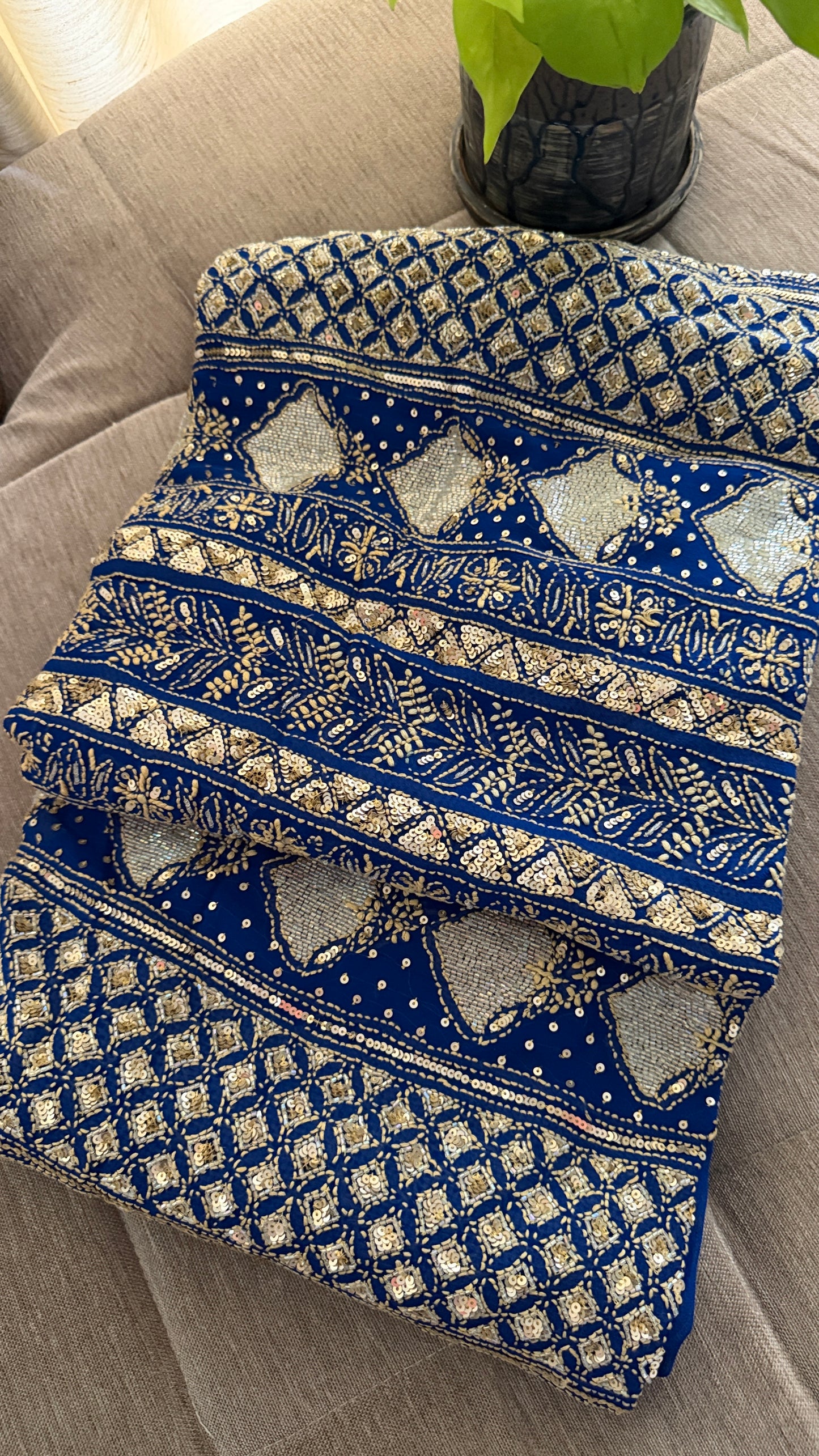 Masterpiece Blue Gold Cut Dana Sequin Chikankari Suit (Kurta & Dupatta)