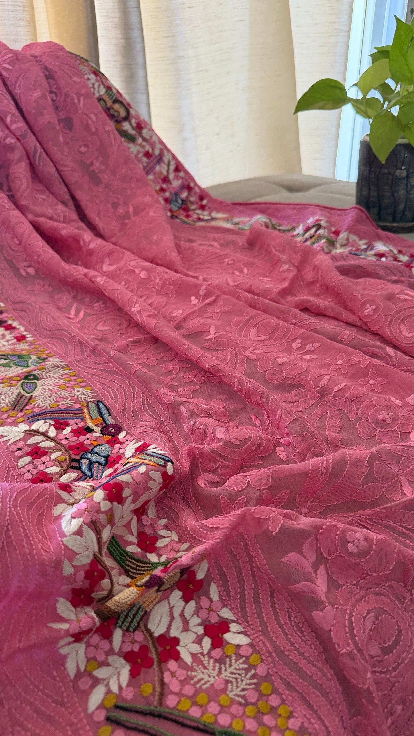 Designer Pink Hand Embroidered Parsi Gara Dupatta