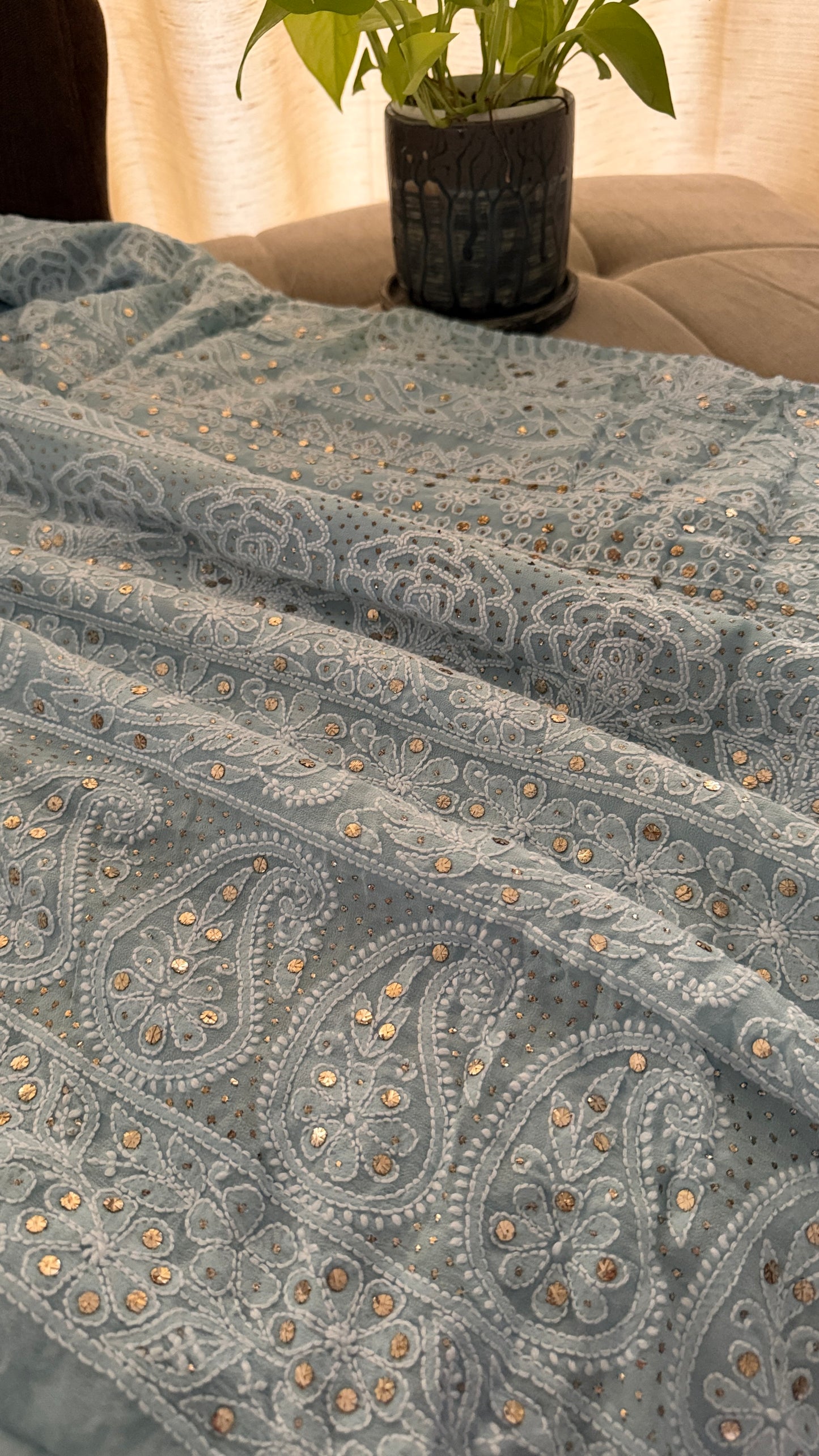 Exclusive Powder Blue Mukaish Chikankari Saree