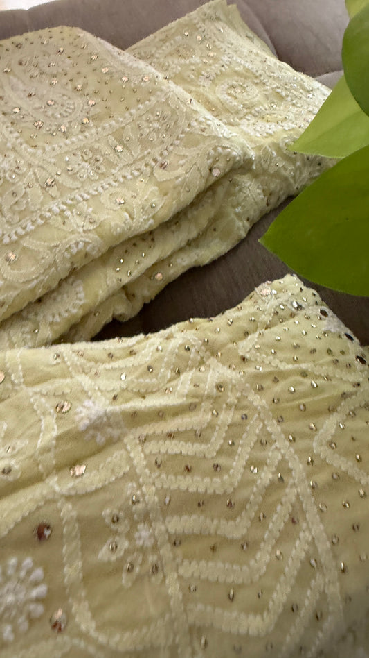 Lemon Yellow Mukaish Chikankari Lehenga Set