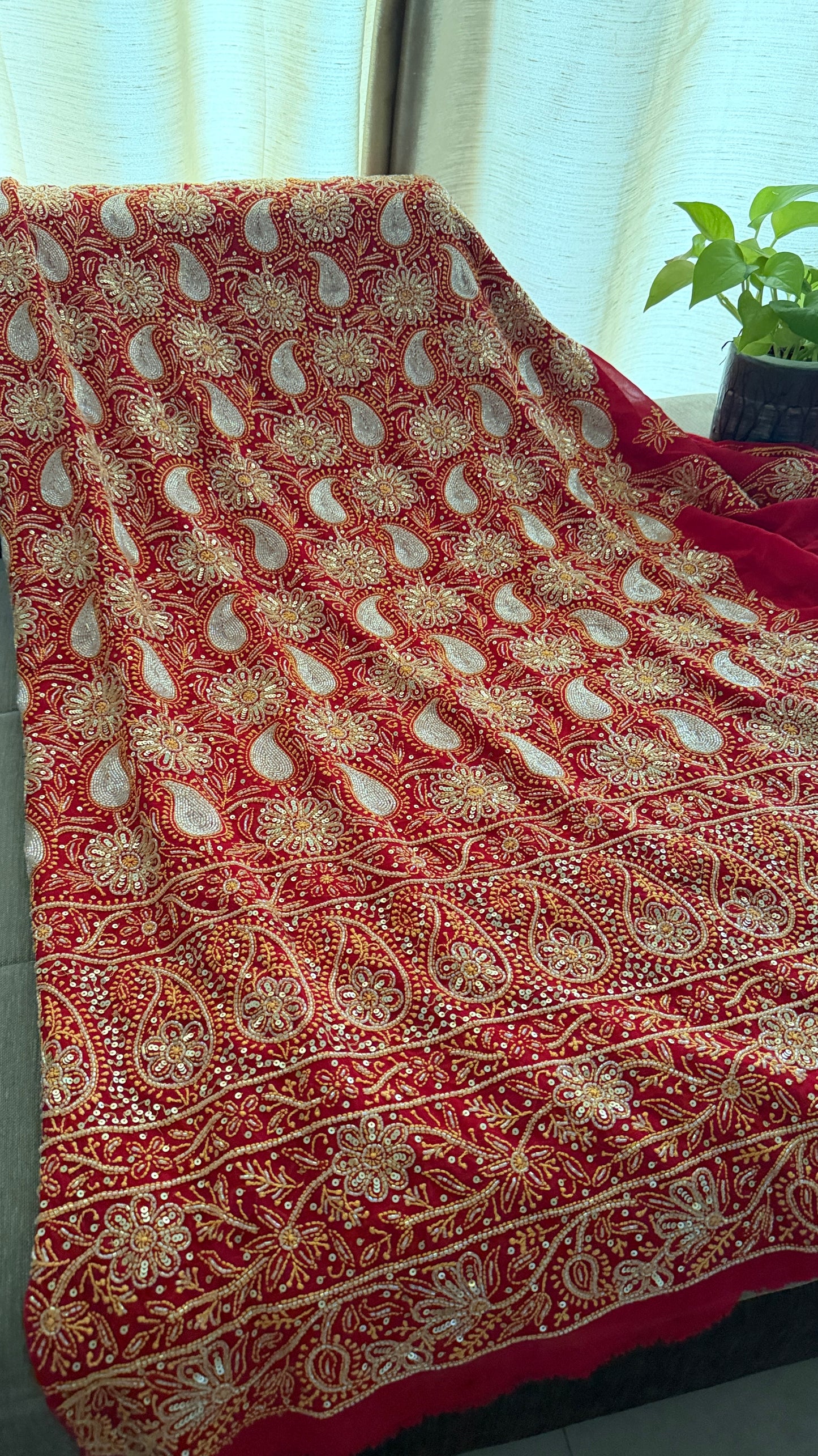 Masterpiece Red Cut Dana Sequin Chikankari Suit (Kurta & Dupatta)