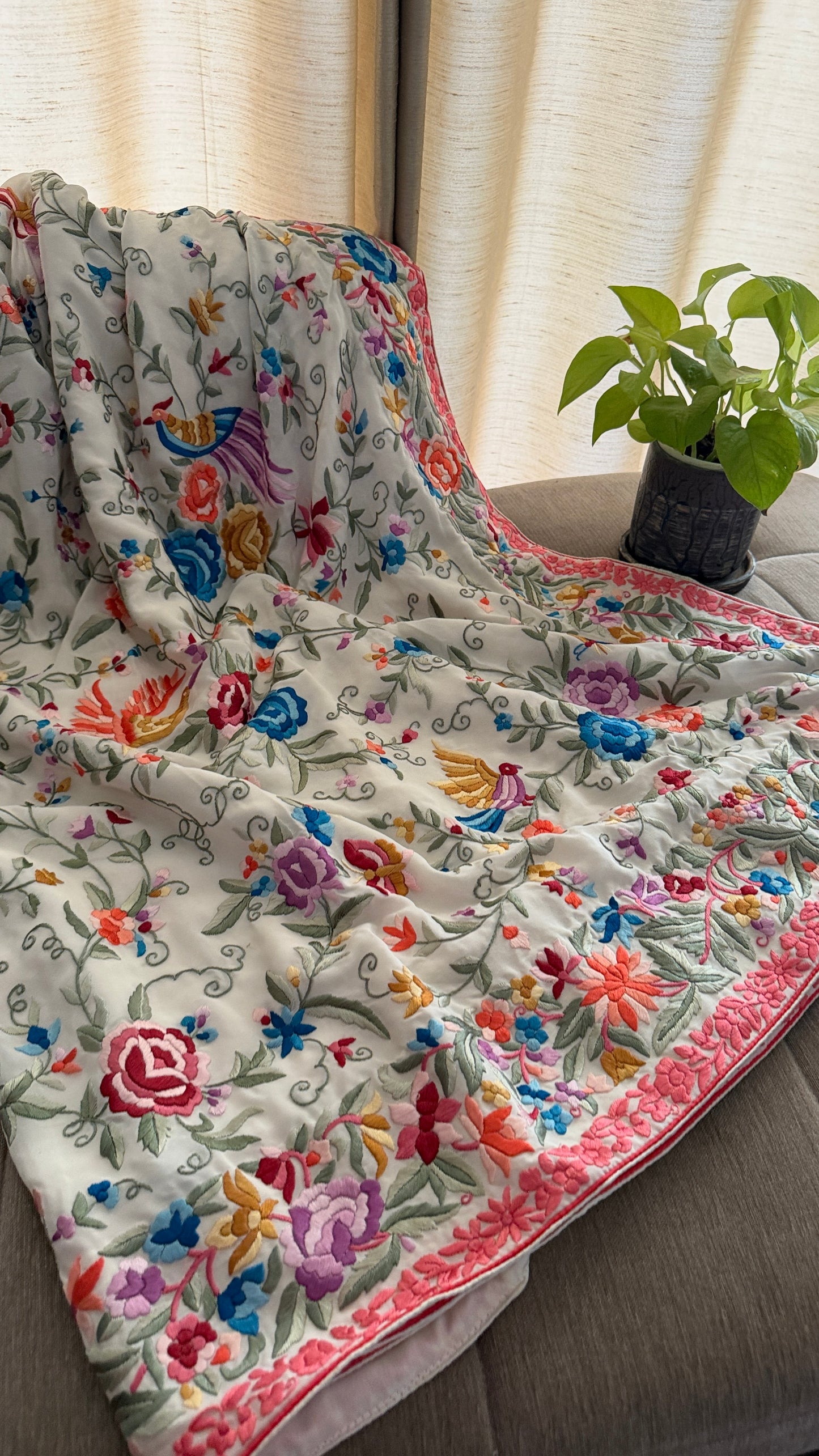 Heritage Cream Parsi Gara Hand Embroidered Saree-Crepe Silk