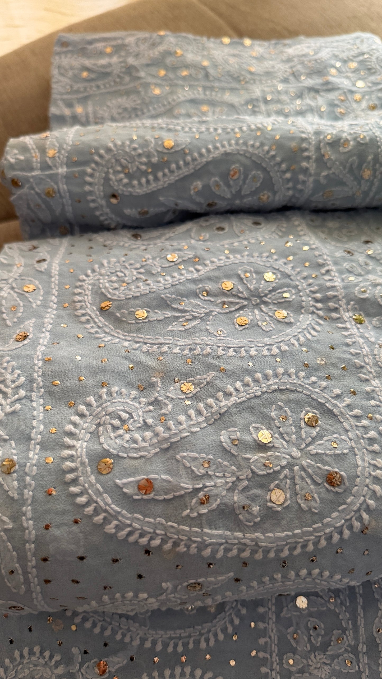 Powder Blue Mukaish Chikankari Saree