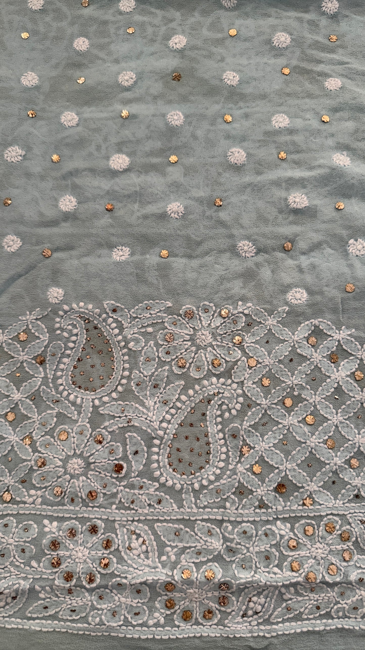 Exclusive Powder Blue Mukaish Chikankari Saree