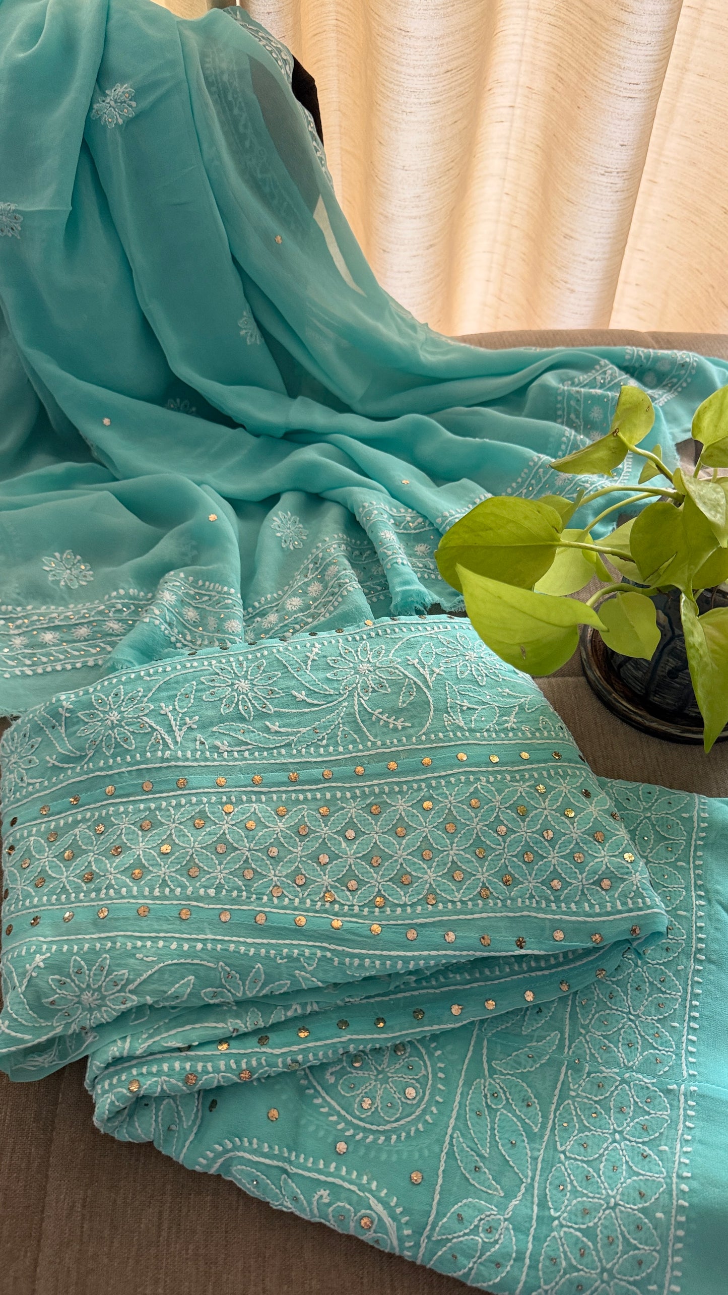 Sea Green Chikankari Anarkali Suit With Golden Mukaish (Anarkali And Dupatta)