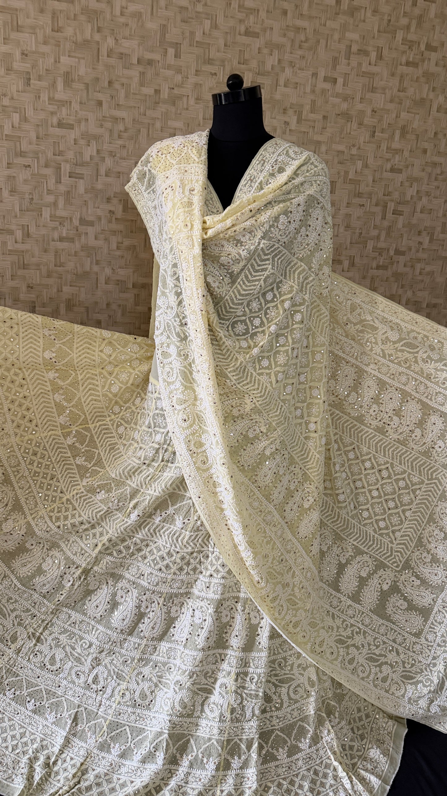 Lemon Yellow Mukaish Chikankari Lehenga Set