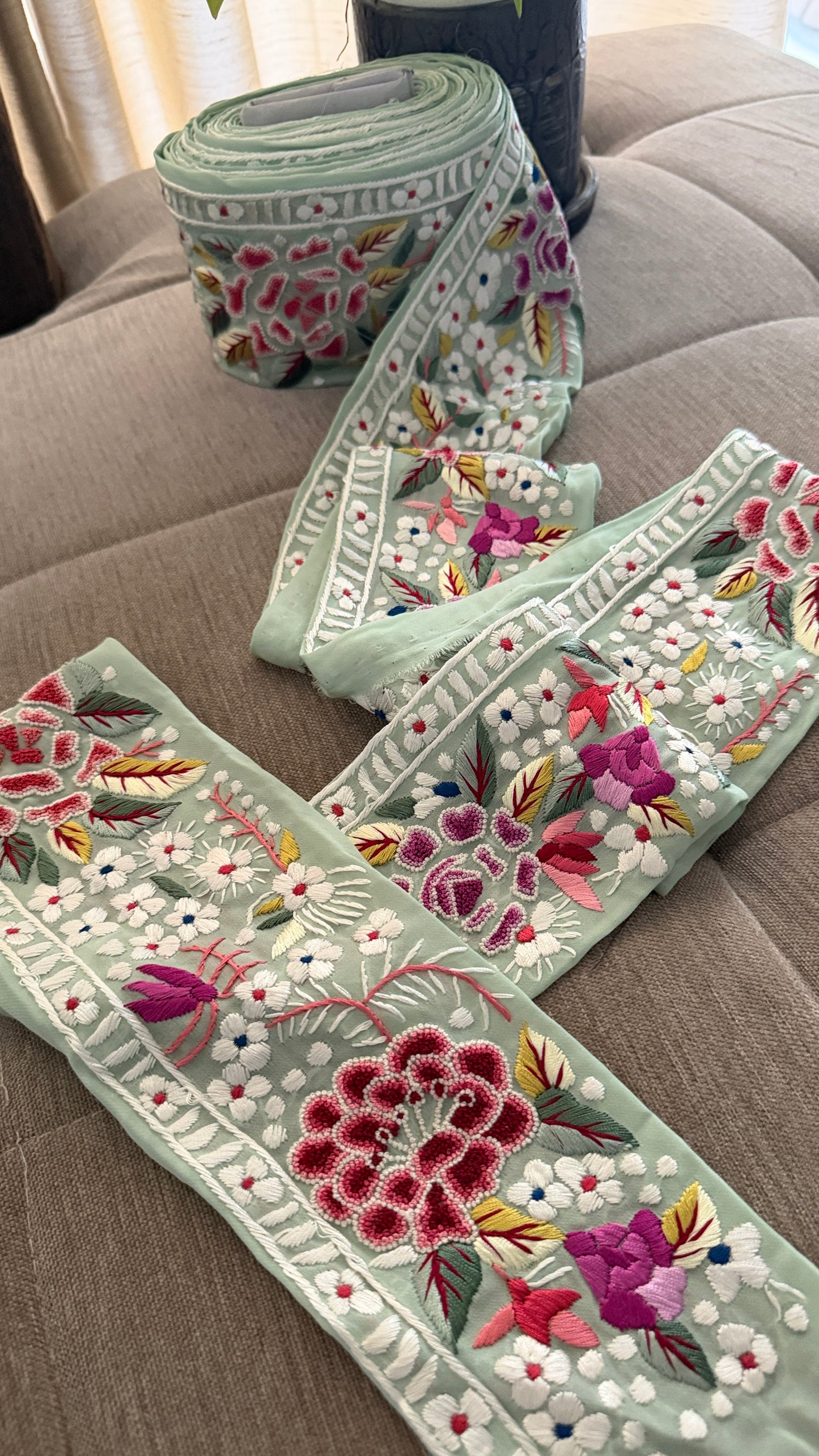 Exclusive Parsi Gara Hand Embroidered Border (Pista Green)