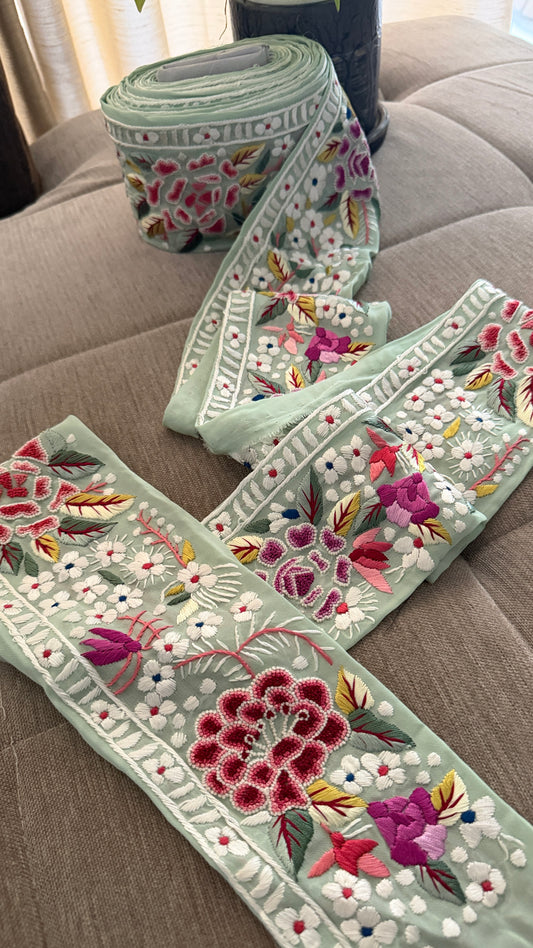 Exclusive Parsi Gara Hand Embroidered Border (Pista Green)