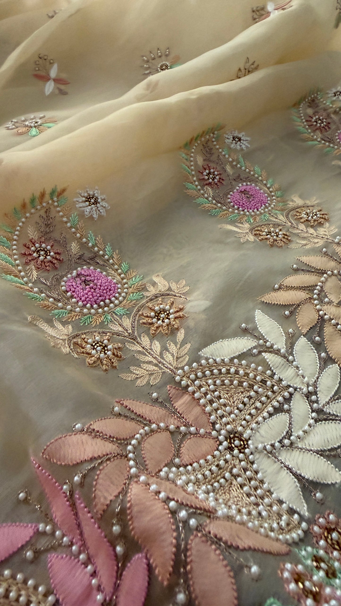 Exclusive Beige Organza Pearls Chikankari Suit