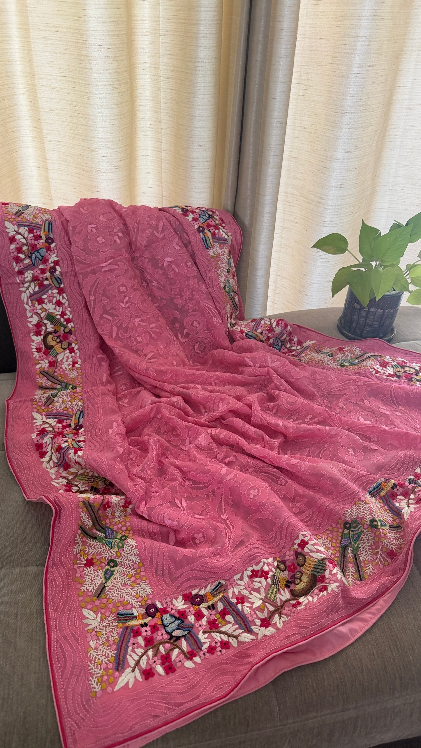 Designer Pink Hand Embroidered Parsi Gara Dupatta
