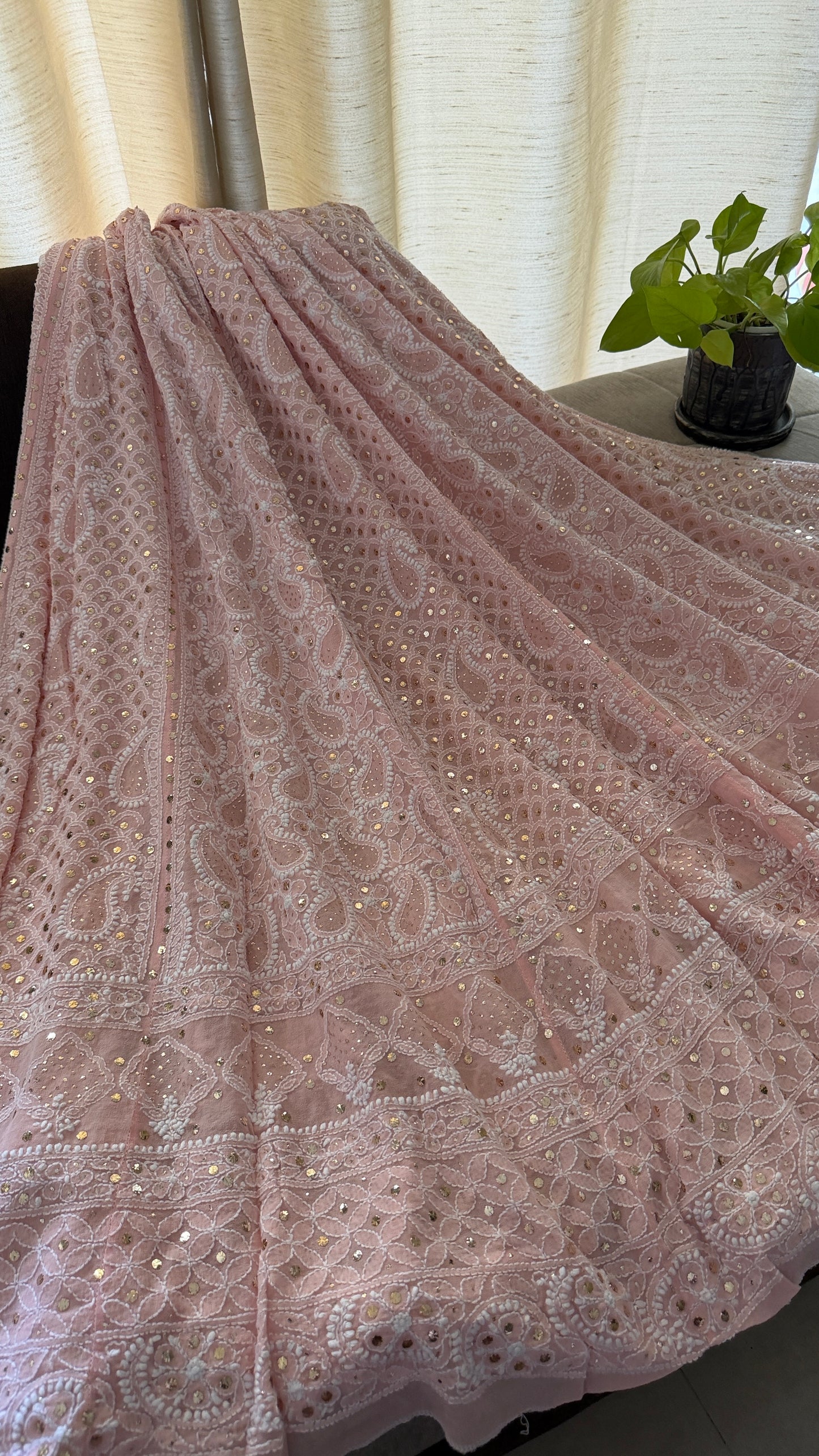Pastel Pink Mukaish Chikankari Lehenga Set