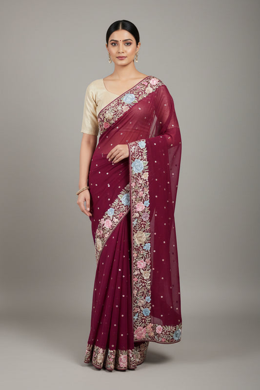 Celestial Bloom Pure Georgette Parsi Gara Saree