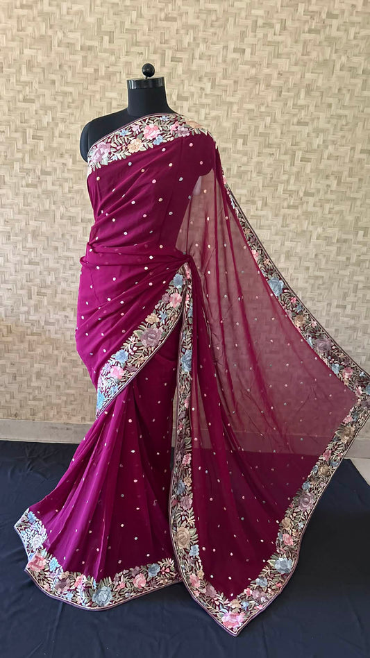 Celestial Bloom Pure Georgette Parsi Gara Saree