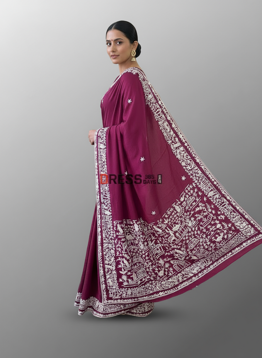 Crepe Silk Wine Parsi Gara Hand Embroidered Saree
