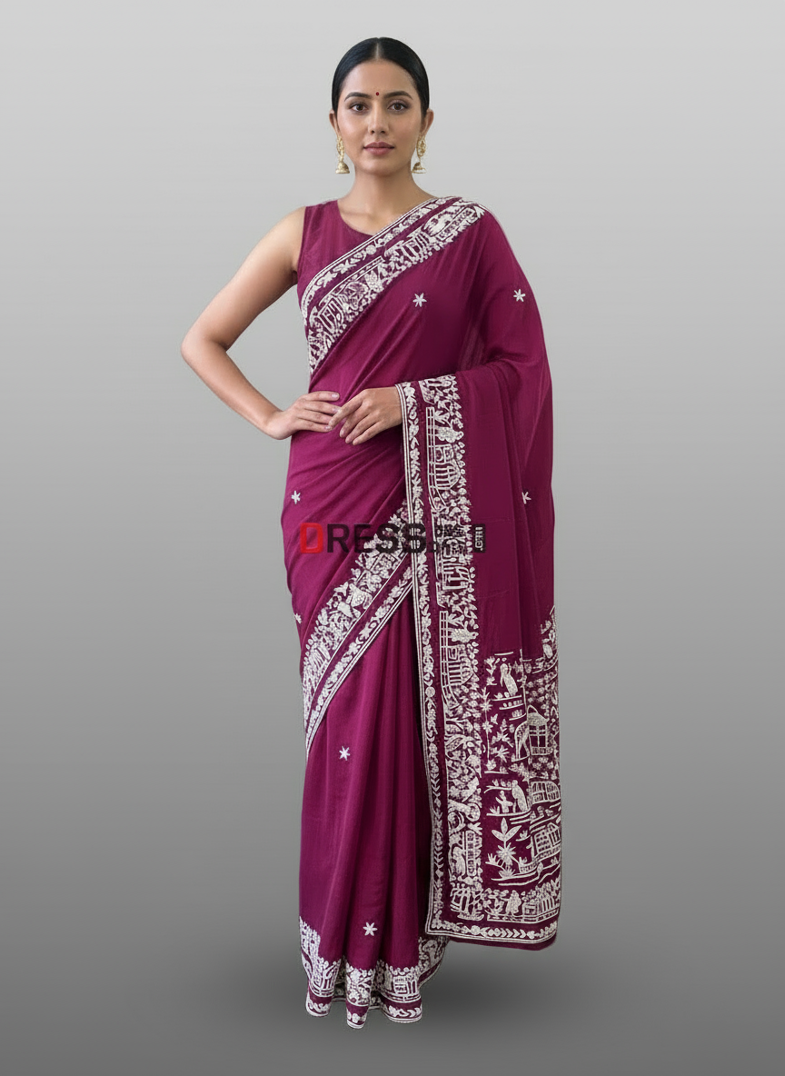 Crepe Silk Wine Parsi Gara Hand Embroidered Saree