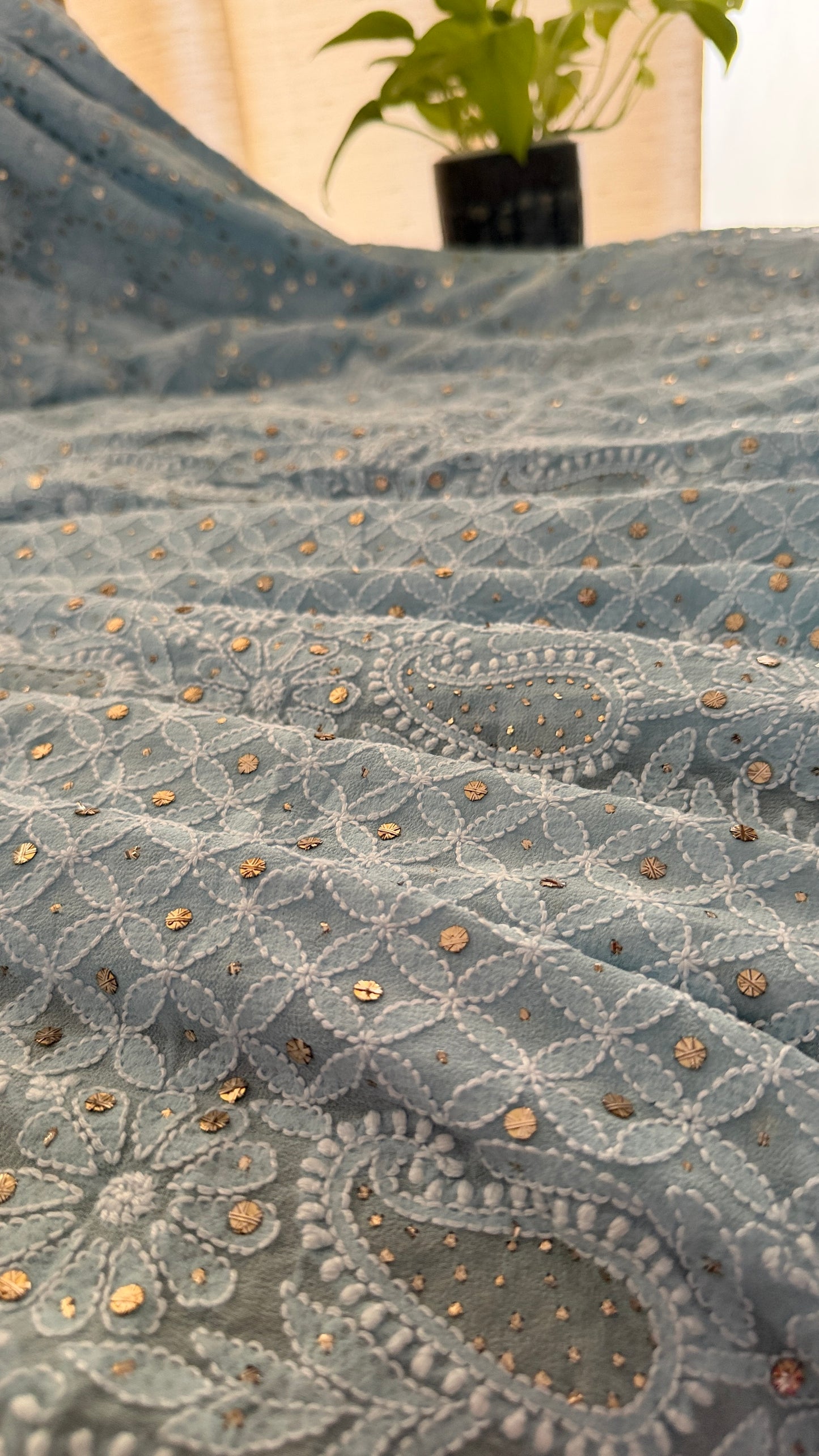 Exclusive Powder Blue Mukaish Chikankari Saree