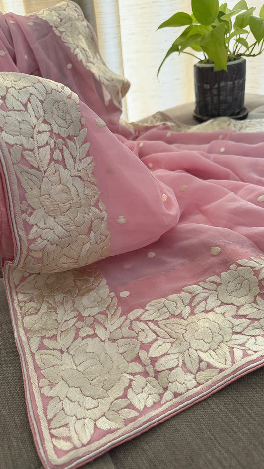 Heirloom Pink Pure Georgette Parsi Gara Dupatta