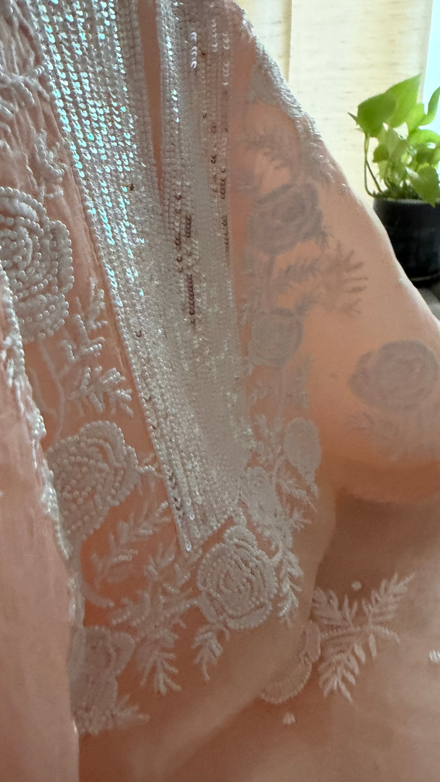 Pearl Embellished Pastel Pink Organza Chikankari Suit