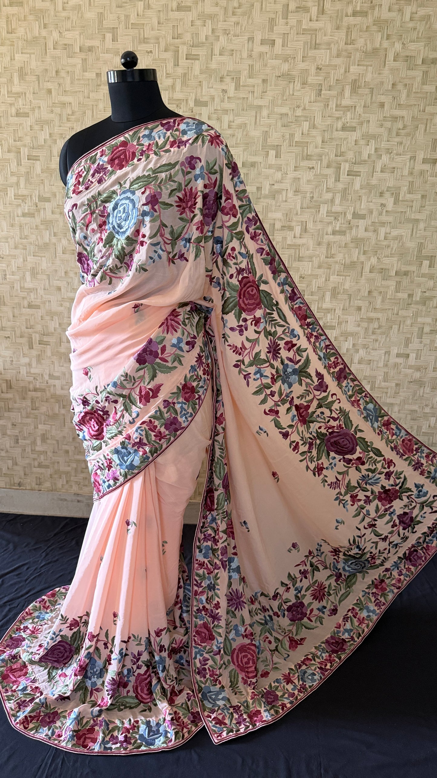 Heirloom Peach Parsi Gara Saree- Crepe silk