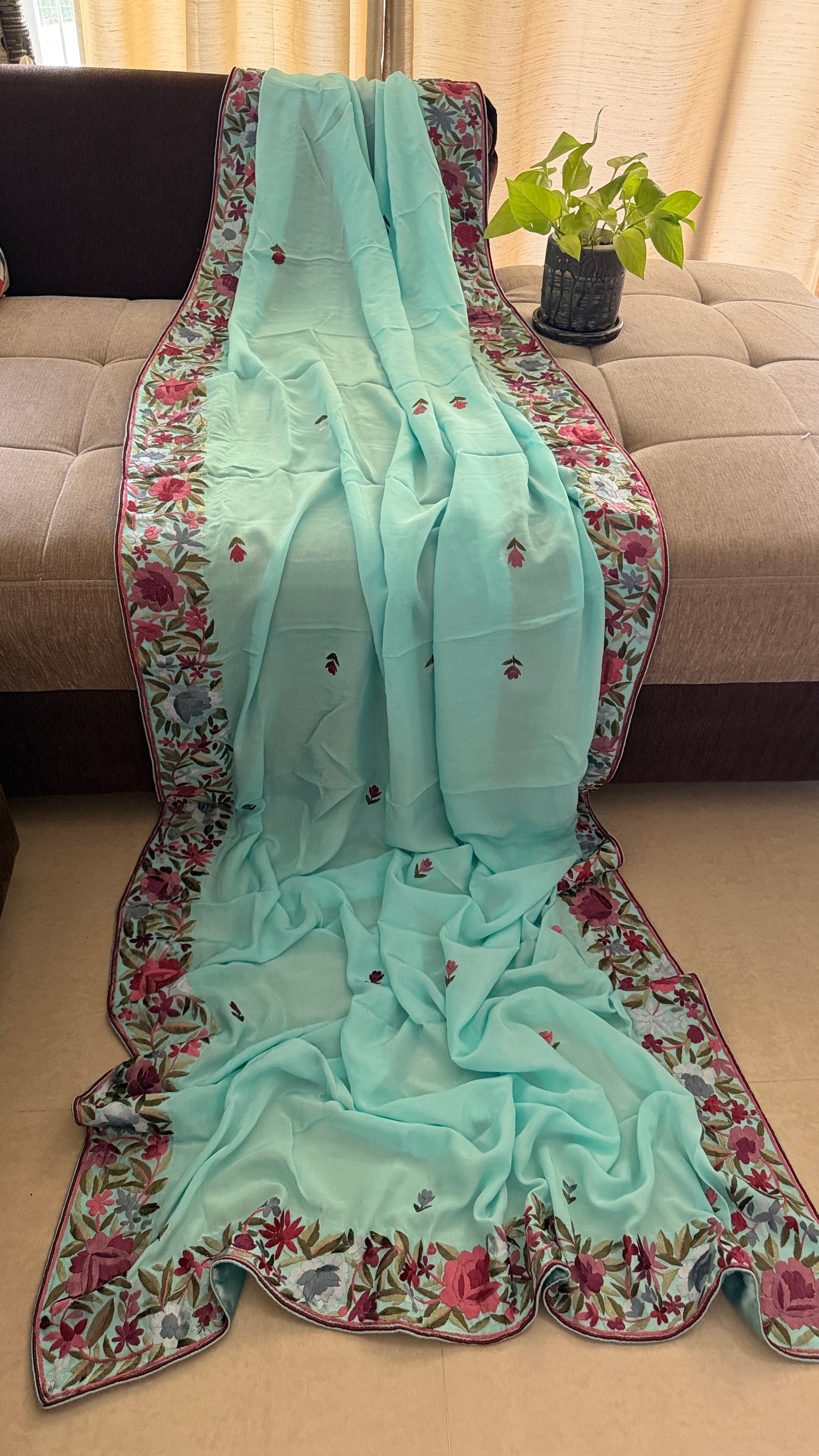 Designer Aqua Green Crepe Silk Parsi Gara Dupatta