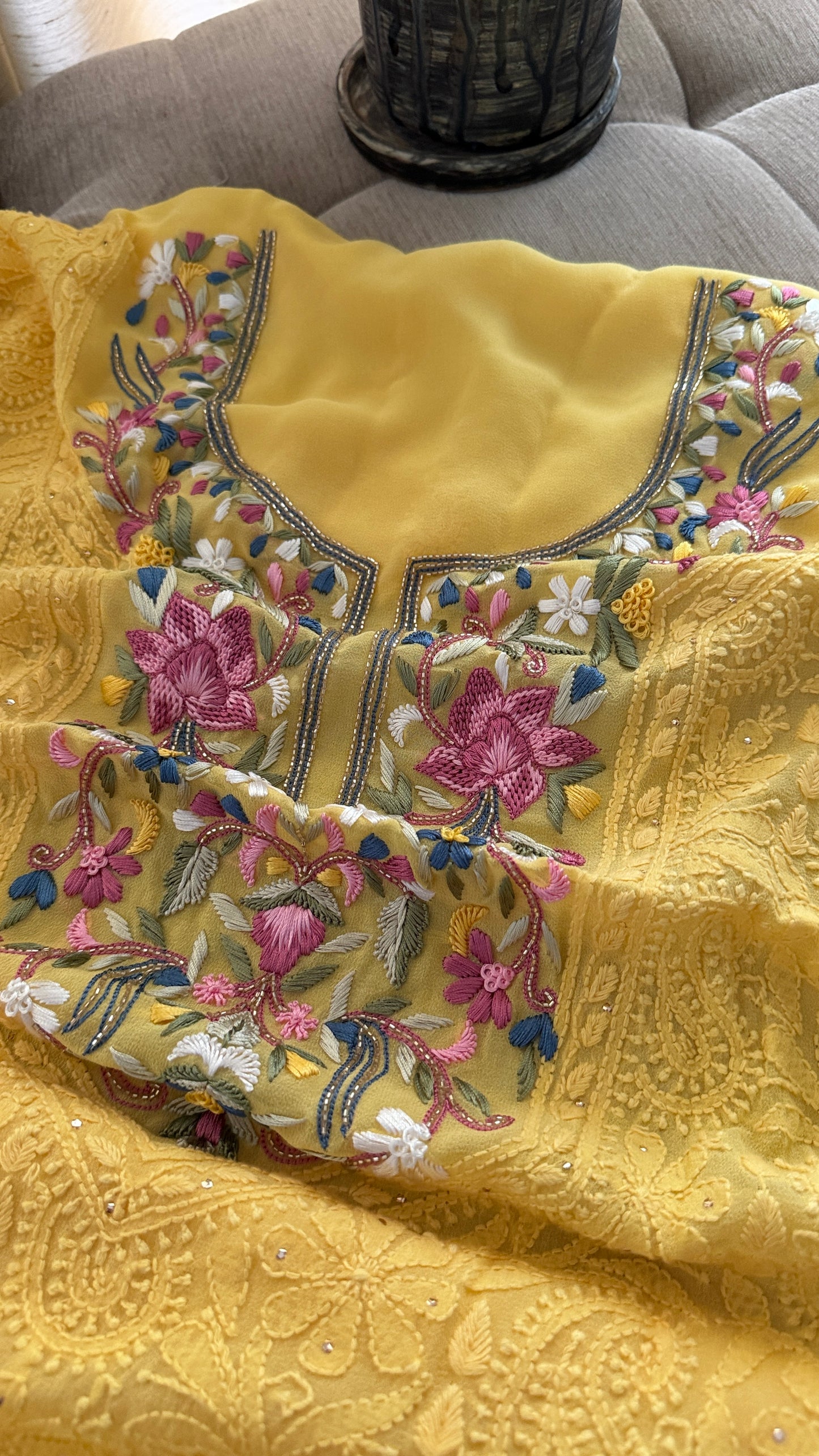 Yellow Parsi Inspired Chikankari Suit with Mukaish and Multicolour Neckline