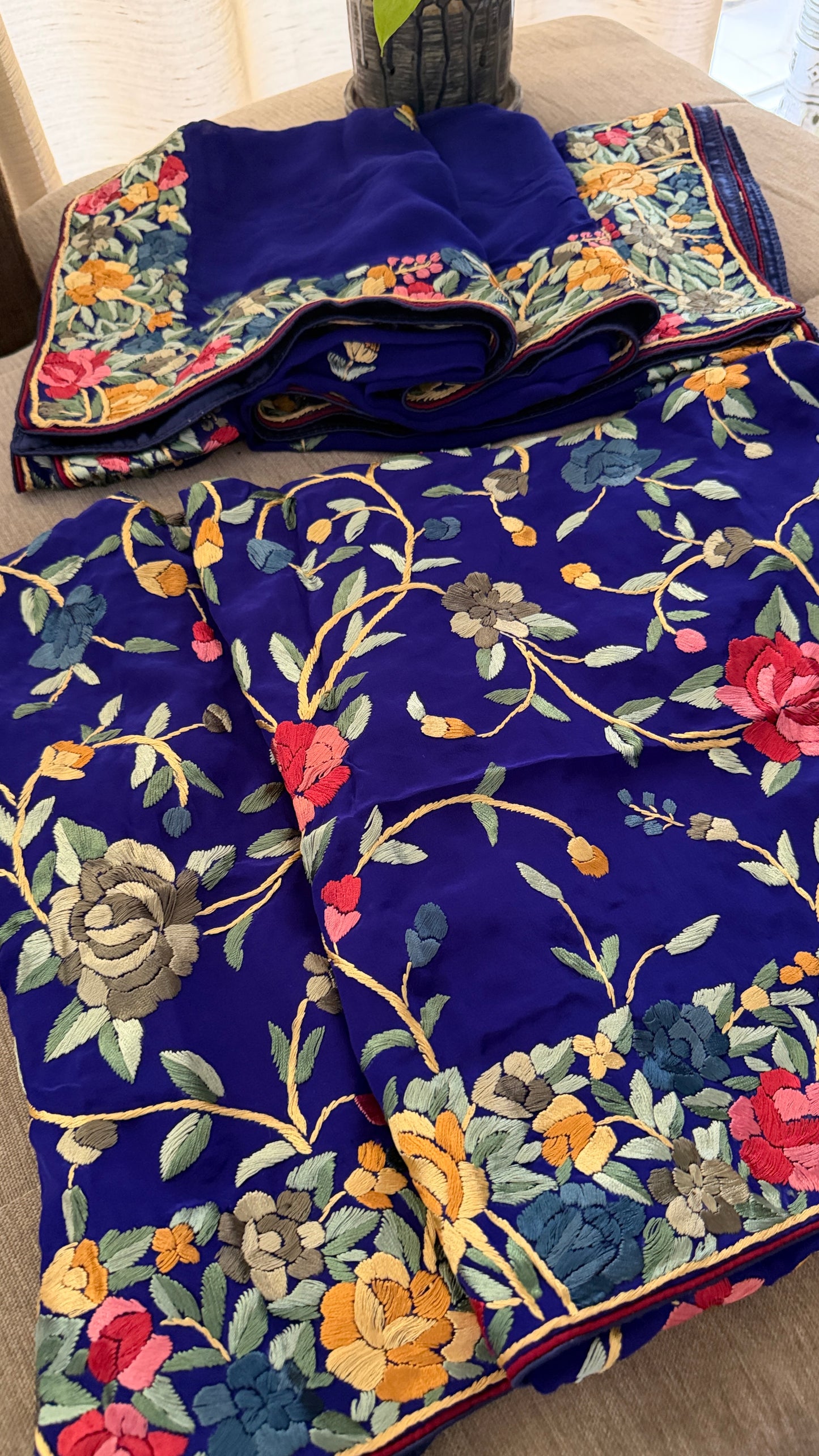 Royal Blue Floral Parsi Gara Suit (Three Piece)
