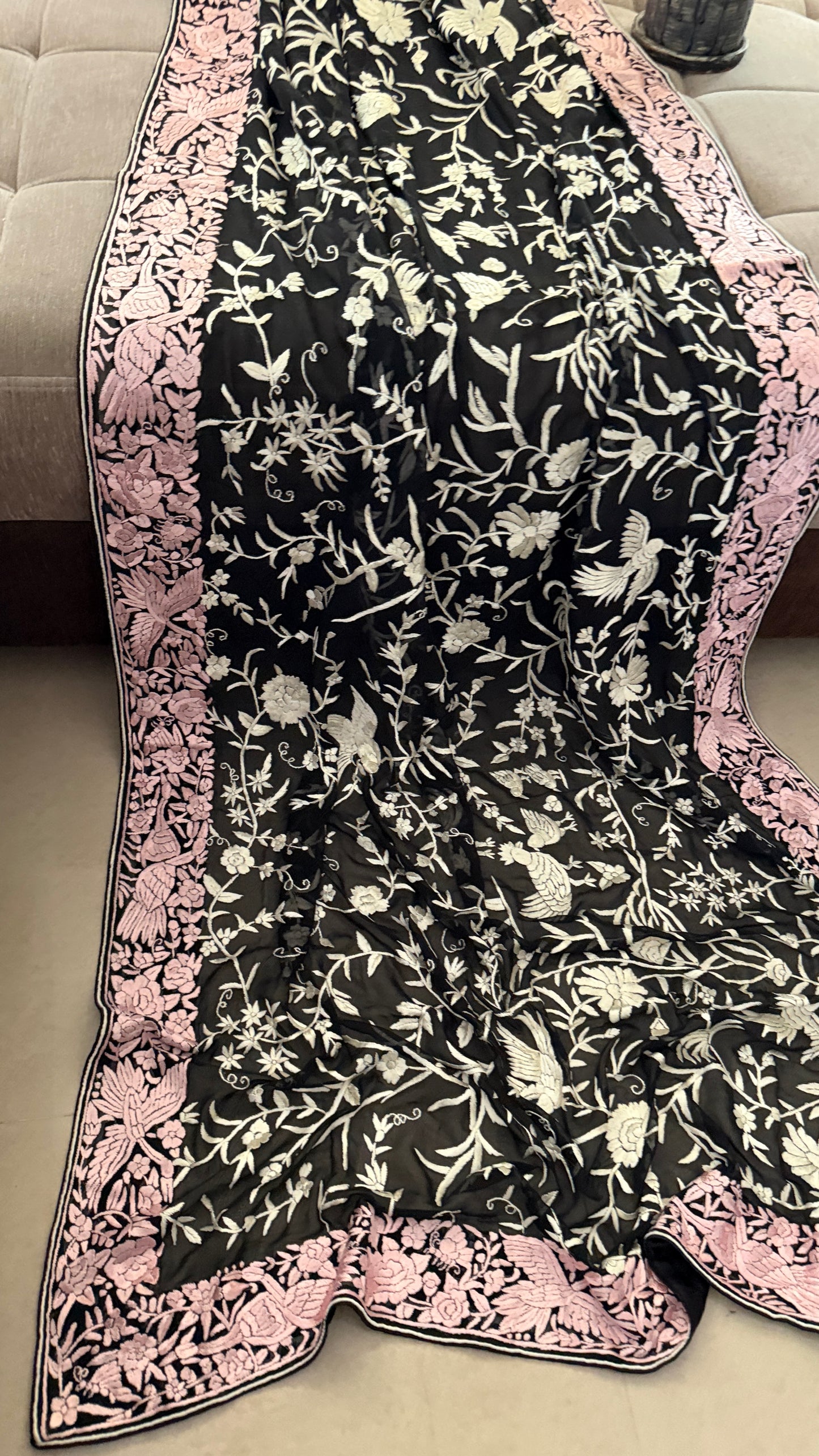 Designer Black Parsi Gara Dupatta with Pink Border