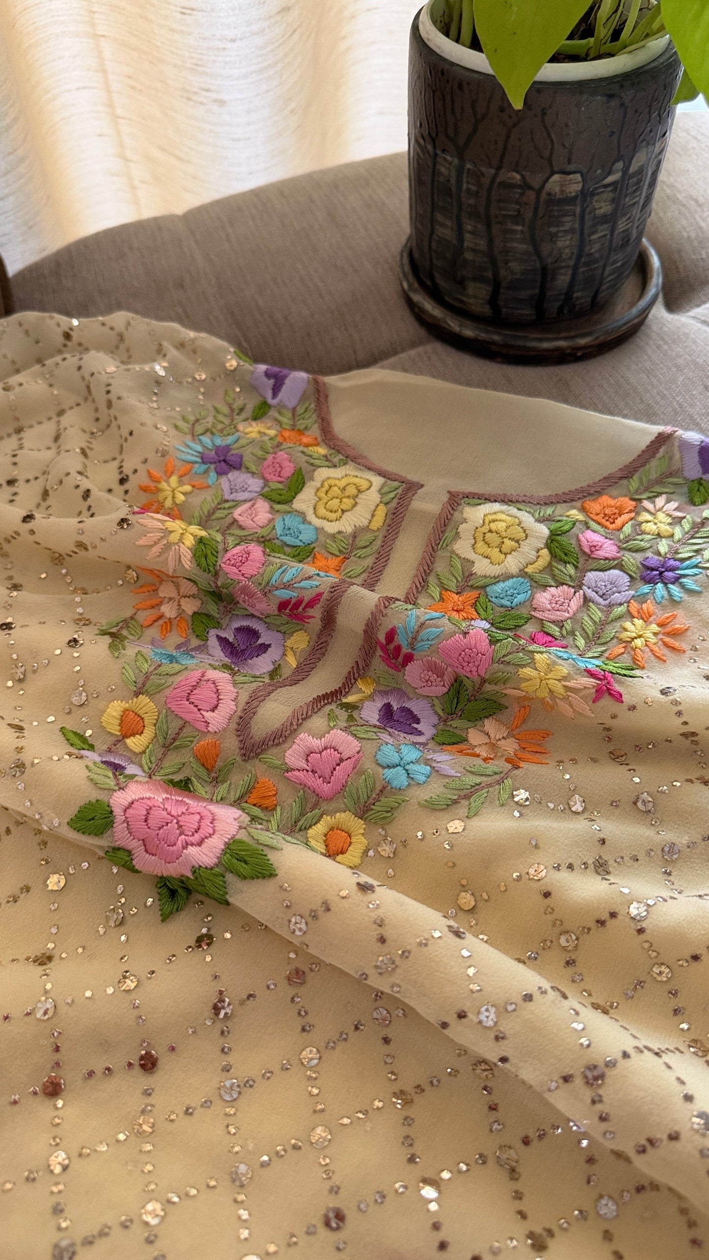 Beige Multicolour Neckline Kamdani Suit