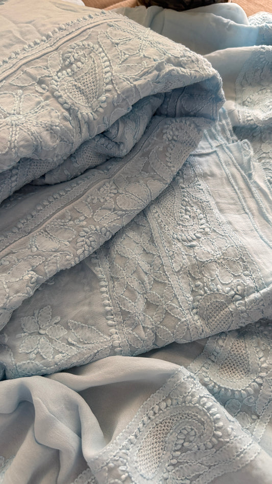 Powder Blue Hand Jaali Chikankari Anarkali Suit
