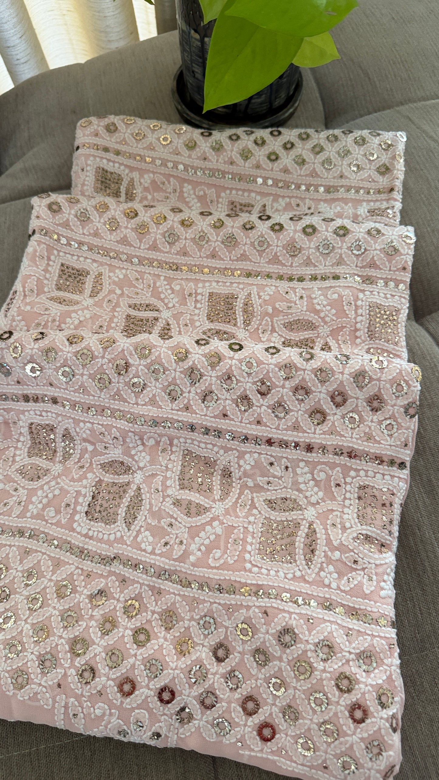 Powder Pink Ring Mukaish Chikankari Suit (Kurta & Dupatta)