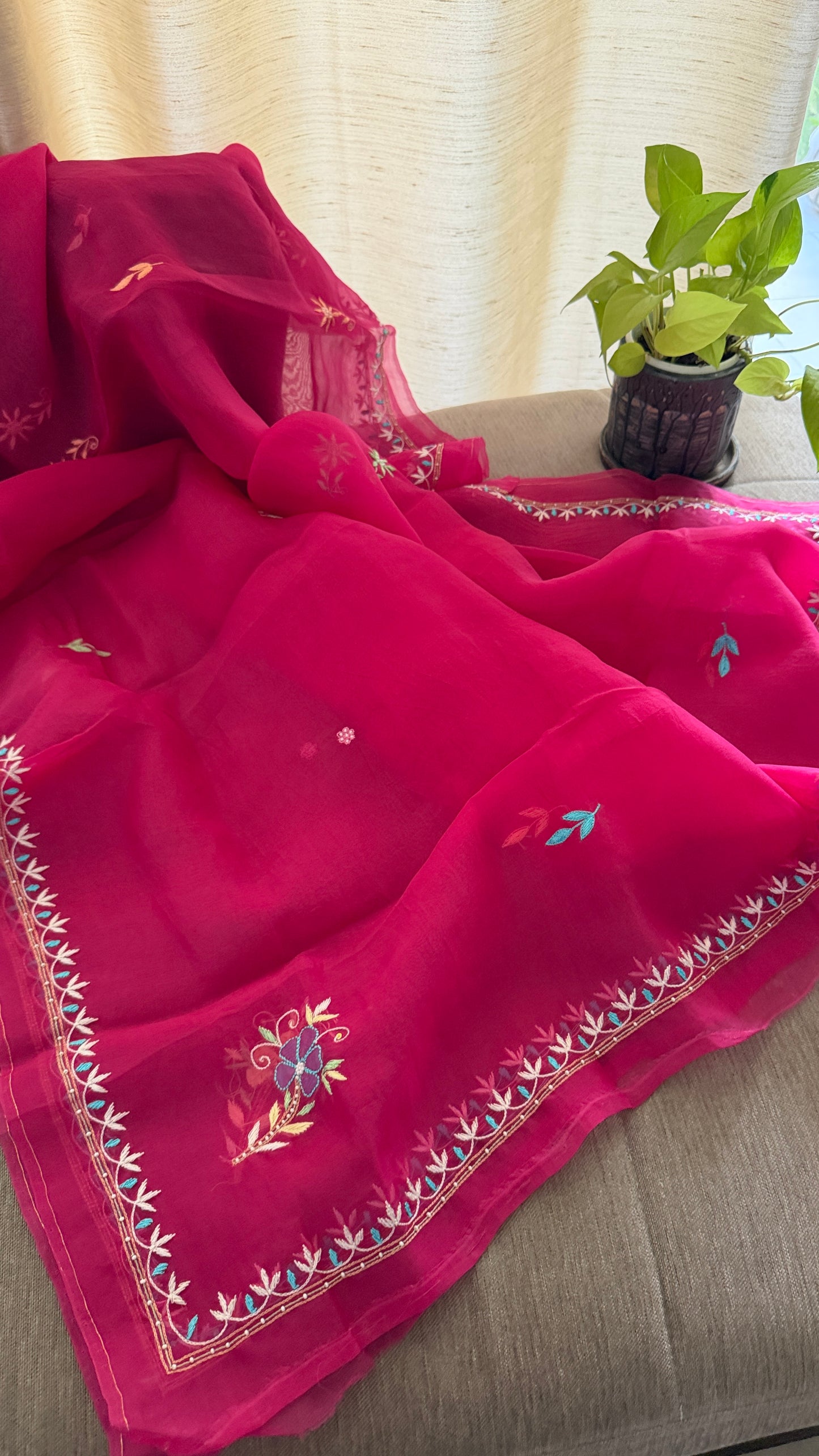 Luxury Pearl Handcrafted Organza Chikankari Suit- Magenta